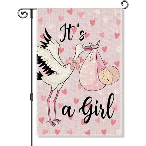 Perfectinsoy It's A Girl Garden Flag, Girls Boys Celebration Flag for Gender Reveal Party, Newborn Baby Garden Banner, Welcome Yard Decor for Newborn Girl, Outdoor Baby Shower Party Decoration
