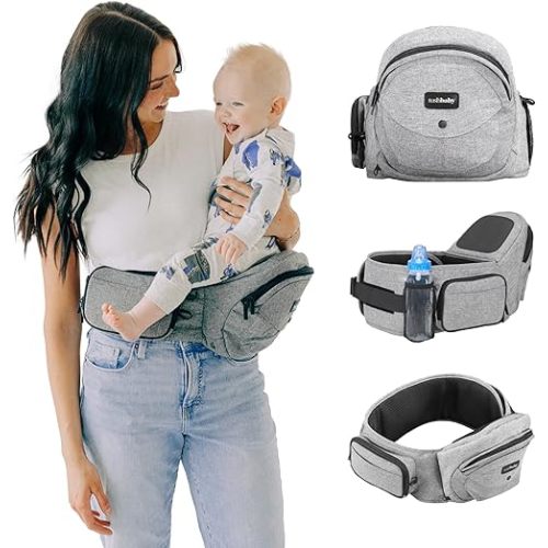Tushbaby Original Hip Seat Baby Carrier for Babies & Toddlers up to 45 lbs, Safety Certified, Lightweight No-Foam Design with Storage, Grey