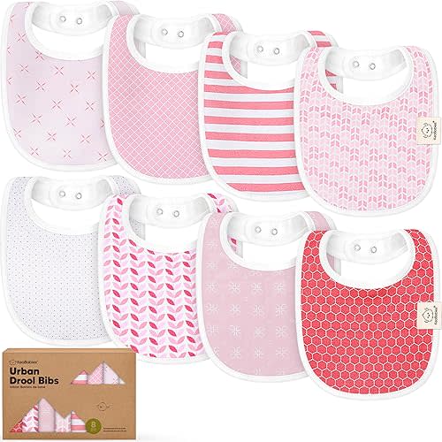 8-Pack Organic Baby Bibs for Boys, Girls - Soft Cotton Drooling and Teething Bibs for Baby Girl & Boy, Extra Absorbent, Easy To Clean & Put On for Toddler, Newborn, Infant 0-24 Months (Blush)