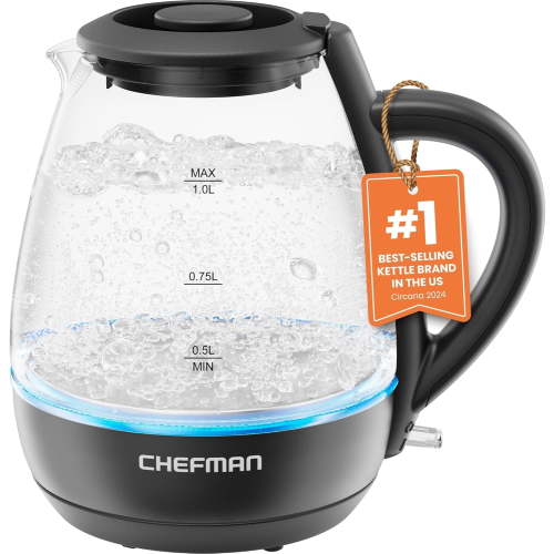 Chefman 1L Cordless Electric Kitchen Kettle with LED Indicator, Easy Fill, Rapid Boil & Automatic Shutoff - Black