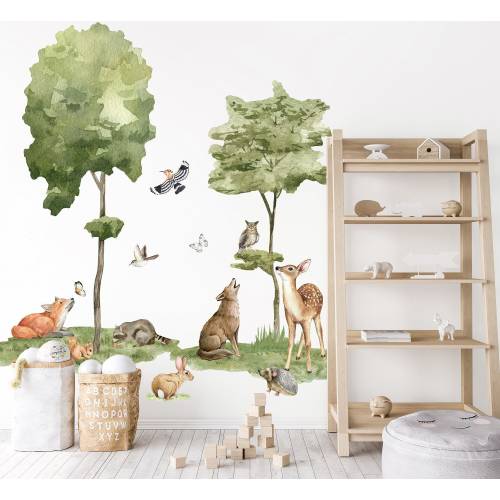 Kids Forest Animals Wall Decal | Cute Animals with Big Trees Wall Sticker | Nursery Watercolor Forest Animals Wall Decals