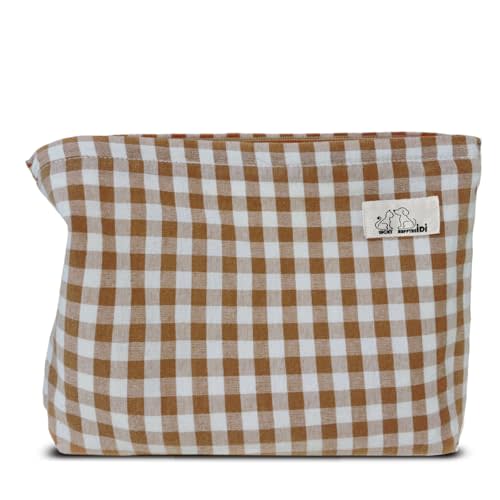 HAPPYHEIDI Khaki Gingham Cotton Makeup Bag Cosmetic Travel Pouch with Bottom, Make Up Purse Organizer, Zipper Closure, Canvas Lined…