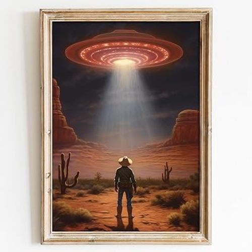 Retro Ufo Art Vintage Western Pictures Desert Landscape Prints Flying Saucer Poster Vintage Ufo Print Retro Cowboy Wall Art Alien Abduction Poster Desert Mountain Wall Art for Bedroom 16x24in No Frame