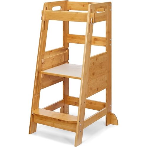 TOETOL Bamboo Toddler Step Stool Kids Kitchen Counter Learning Stool Standing Helper Tower 3 Height Adjustable Bathroom Sink with Safety Rail,Natural