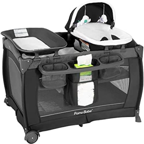 Pamo Babe Playard Deluxe Nursery Center, Foldable Playpen for Baby & Toddler, Bassinet, Mattress, Changing Table for Newborn (Grey)