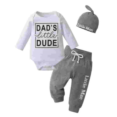 Newborn Baby Boy Clothes Letter Long Sleeve Romper + Pants + Hat 3PCS Outfits Set White & Grey 0-3 Months