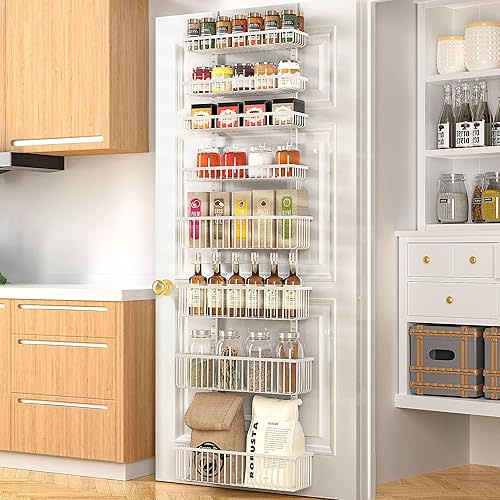 Moforoco Over The Door Pantry Organizer, Pantry Door Organizer Shelves, Kitchen Organizers and Storage, Hanging Basket Wall Spice Rack Seasoning Shelves, Laundry Room Bathroom accessories(White