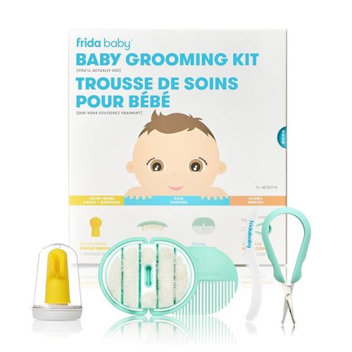 Frida Baby Grooming Kit | Baby Essentials Gift Set Includes Finger Brush with Storage Stand, Hair Brush with Case, Styling Hair Comb, Easy Grip Nail Scissors with Nail File and Case