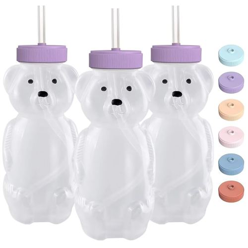 Honey Bear Straw Cups for Babies 3 pack, 8oz honeybear straw cup with improved safety lid design, Straw learning therapy cup. Leak-Proof & Food-Grade & BPA Free (PEACH)
