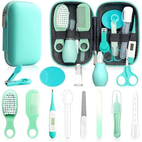 Baby Healthcare and Grooming Kit, 14 in 1 Baby Safety Set Newborn Nursery Health Care Set with Hair Brush Scale Nail Clippers for Baby Girls Boys(14 Kits Green)