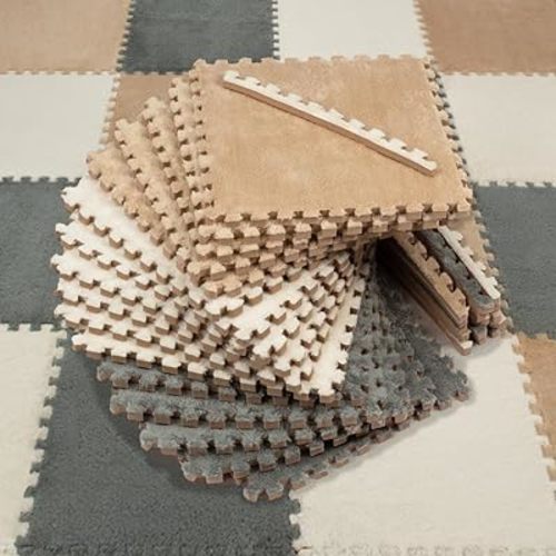 16 Piece Carpet Squares Puzzle Mat 49" x 49" Plush Interlocking Carpet Tiles, Foam Floor Tiles for Baby Play Mat - Kids Soft Play Mats Anti Slip Jigsaw Flooring Playmat Playroom Rug (Brown,Gray,White)