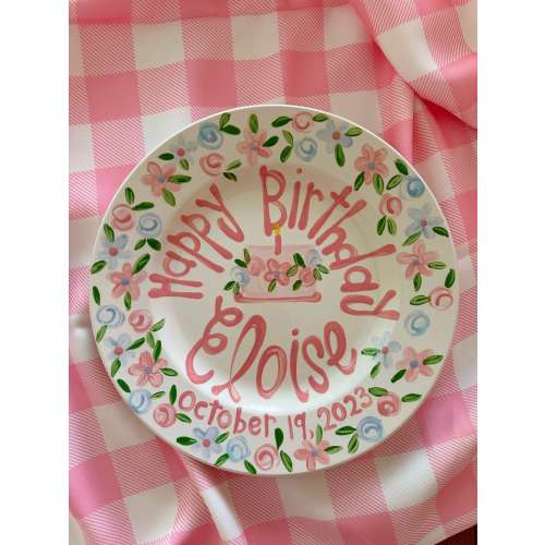 Girls Birthday Plate // pink and blue flowers  Personalized First Birthday  Plate, Custom handpainted // coquette // roses wildflowers