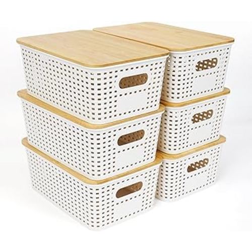 6 PCS Storage Bins with Bamboo Lids Plastic Baskets Plastic Storage Containers for Organizing Stackable Storage Box with Handle for Shelves Drawers Desktop Closet Classroom Office(White)