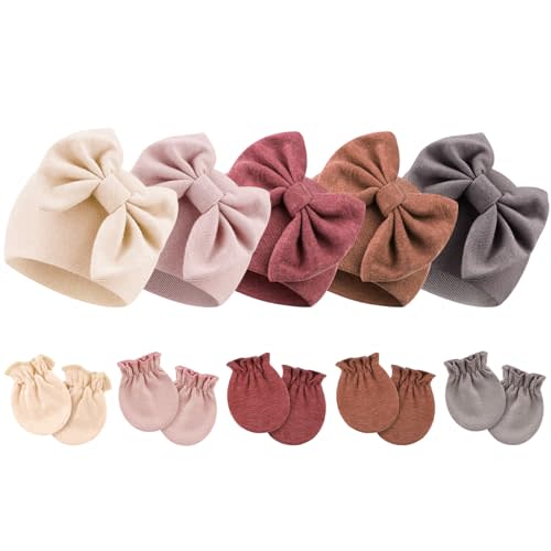 BQUBO Newborn Baby Girls Hats Mittens Set Hospital Hat Beanie Infant Bow Hats Baby Cotton Gloves for 0-6 Months