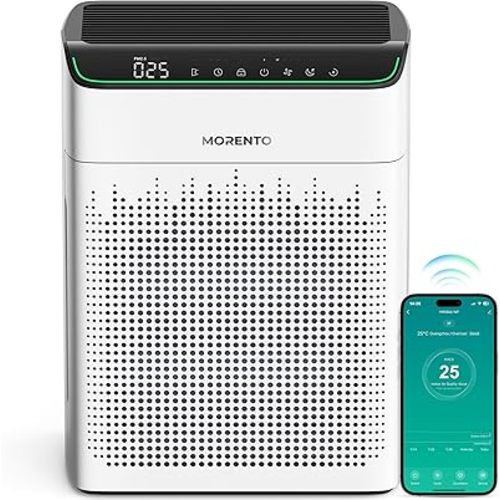 MORENTO Air Purifiers for Home Large Room Up to 1290 ft² with PM 2.5 Air Quality Monitor, Wi-Fi and Alexa compatible, HEPA Auto Mode Double-sided Air Inlet for Smoke and Odor, 23db, MR5866, White