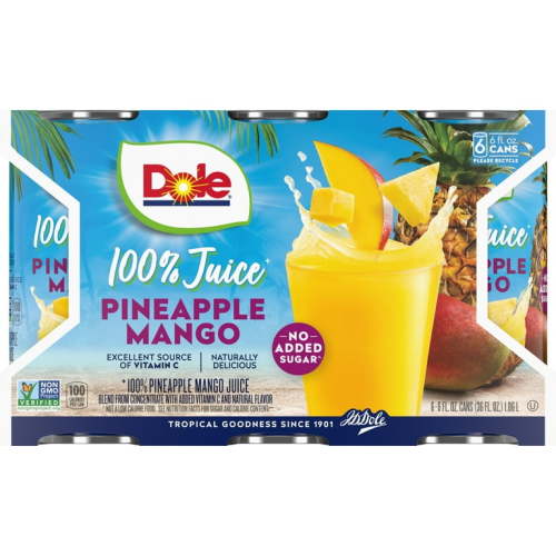 Dole 100% Pineapple Mango Juice, Mixed Fruit Juice, 6 fl oz (6 Cans), Vitamin C Rich, No Added Sugar, Gluten-Free