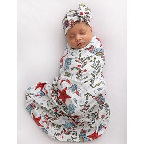 Christmas Swaddle and Headband Sets Baby Receiving Blanket Newborn Wrap Sack (Christmas 2)