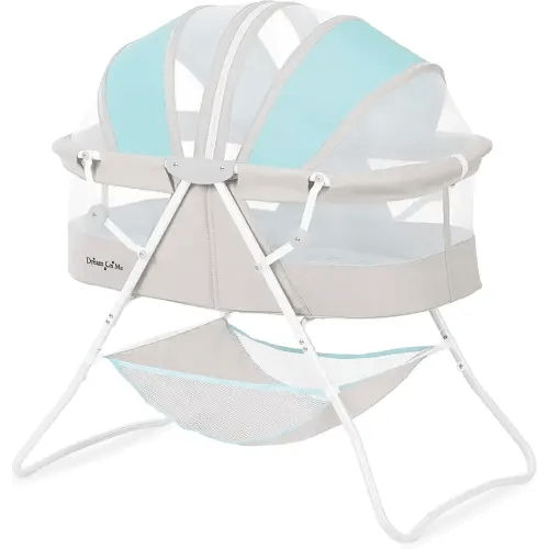 Dream On Me Karley Bassinet, Award Winner Lightweight Travel Baby Bassinet, Foldable Bedside Sleeper, Adjustable Double Canopy, Spacious Design, Soft Fabric, Storage Basket – Blue and Grey