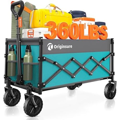 Collapsible Wagon Cart Foldable - Lightweight Portable Heavy Duty Folding Beach Wagons with Wheels - Utility Carts for Grocery, Camping, Shopping with Large Capacity - Grey&Turquoise