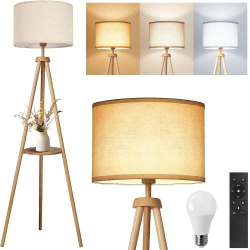 DAYBETTER 63'' Wood Tripod Floor Lamp with Shelves, Dimmable Shelf Floor Lamp with Remote Control,for Living Room, Bedroom, Office, LED Bulbs Included