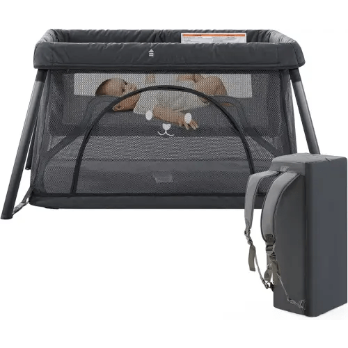 Travel Crib, Portable Crib for Baby, Pack and Play for Babies and Toddler, Lightweight Backpack Design,Foldable Travel Baby Playpen with Mattress(Dark Grey)