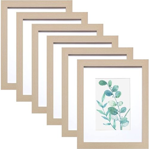8x10 Picture Frame Natural Woodgrain Set of 6, Display Pictures 5x7 With mat or 8x10 Without Mat