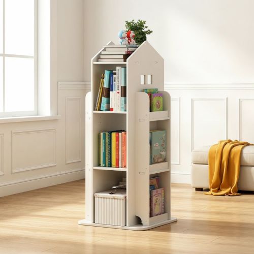 Kids 4-Tier Rotating Bookshelf, 360° Swivel Floor Bookcase & Toy Storage Organizer, Unpainted Nursery Furniture - Cloud White