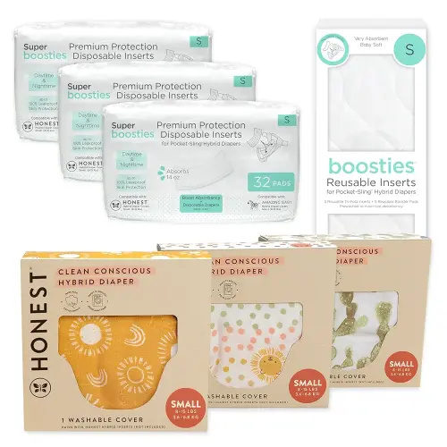 Honest Hybrid Cloth Diaper Cover + Super Boosties Disposable Inserts 96ct + Reusable Inserts, Small (8-15 lbs), Cotton Muslin Honest Covers Feature Pocket-Sling, Bonus Starter Kit