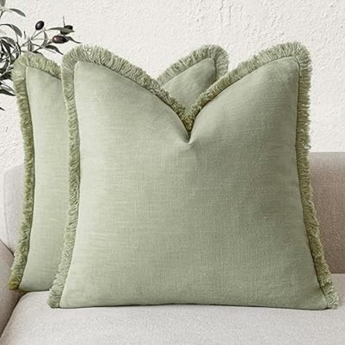 Foindtower Set of 2 Decorative Linen Fringe Throw Pillow Covers Boho Farmhouse Cushion Cover with Tassels Soft Accent Pillowcase for Couch Sofa Bed Living Room Home Decor,22×22 Inch,Light Sage Green