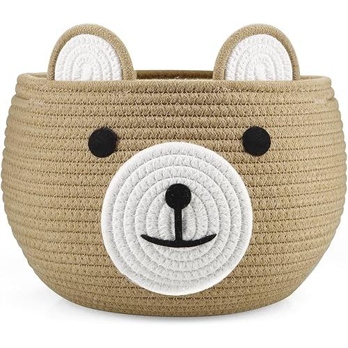 PandaEar Cotton Rope Baby Basket, Baby Gift Basket Nursery Laundry Organizer with Cute Bear Design for Storage Infant Newborn Essentials, Diaper Caddy Basket with Handle