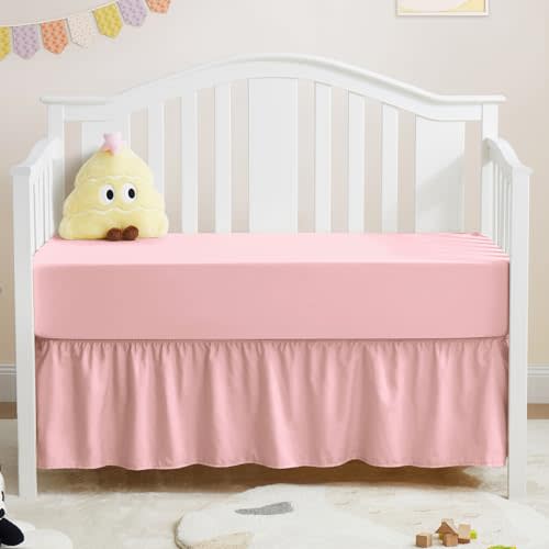 Horbaunal 2 Pack Set Crib Skirt & Crib Bed Sheet, Pink Crib Bed Skirt 28" x 52" with 14" Drop Dust Ruffle, Soft Microfiber Toddler Bedskirt Nursery Bedding Skirt for Baby Girls and Boys