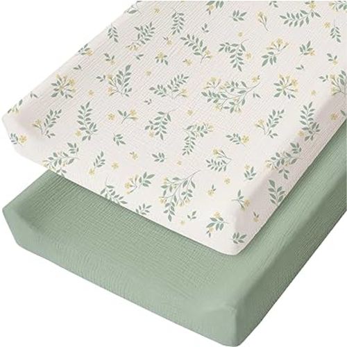 Konssy 2 Pack Muslin Changing Pad Cover for Baby Girls Boys 100% Cotton Fitted Diaper Changing Table Cover Set, Soft Changing Pad Sheets (Leafy,Green)