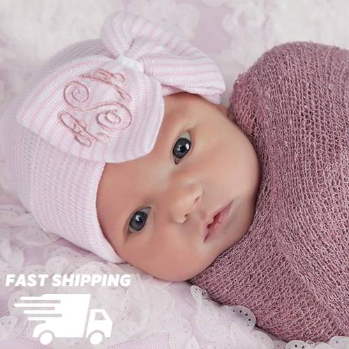 Monogrammed Newborn Girl Hat: Pink Stripe Bow, Handmade USA