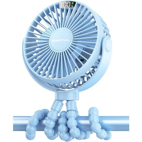 SWEETFULL Portable Stroller Fan, with Display 4000mAh Battery Powered Mini Clip On Fan, 4-Speed Rechargeable Small Personal Fan Handheld Desk Cooling Fan for Baby Car Seat Crib Travel Blue