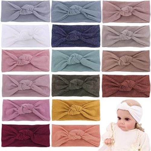 16 PCS Soft Knot Headbands with Hair Bows Elastic Hairbands Head Wrap For Newborn Baby Girls Infant Toddlers Kids Accessories (16 PCS Knot Headband)