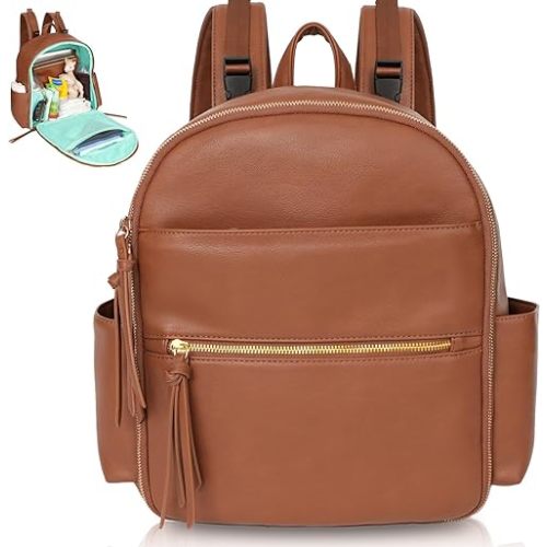 MOMINSIDE Small Diaper Bag Backpack, Mini Diaper Bag with 11 Pockets, Leather diaper backpack, Baby Diaper Bag for Baby Girls, 2 Insulated Pockets, Stroller Straps (Brown)