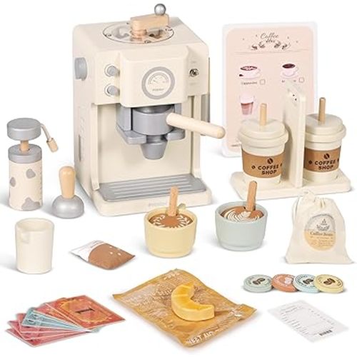 Kids Wooden Coffee Playset with Grinder, Toy Coffee Maker for Kids Toddlers, Pretend Play Kitchen Appliances & Accessories Toy Gift for Boys Girls