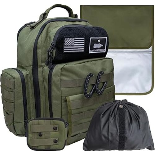 Green Dad Diaper Bag - Molle-Style Military Diaper Backpack Made of Rugged 900D Waterproof Polyester with Wider Extra-Long Straps, Dirty Diapers Pouch, Baby Wipes Dispenser & Insulated Bottle Pockets