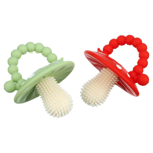 RaZbaby Chompy Teether Toy (2-Pack), BPA-Free Silicone, Soothes Sore Gums - For Baby 3m+ Red/Green