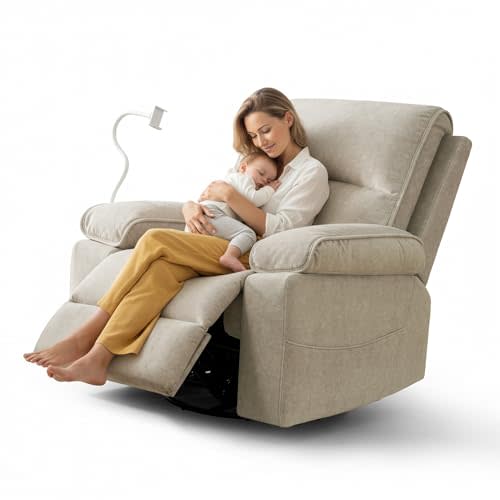 YuuYee Nursery Rocking Chairs Glider Recliner with Flexible Phone Holder,Comfortable Nursing Chair Swivel Rocker Recliner for Baby Breastfeeding, Velvet, Beige