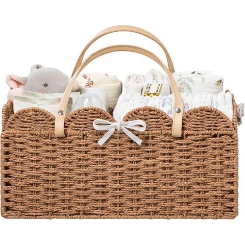 HBlife Large Baby Diaper Caddy, Paper Rope Storage Baskets Nursery Bin with Removable Divider, Portable Car Organizer for Diapers, Baby Shower Gifts, Newborn Essentials Must Haves