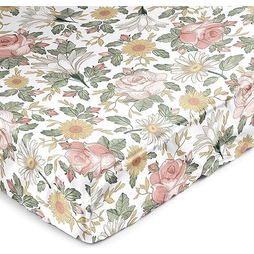 Sweet Jojo Designs Vintage Floral Boho Girl Baby Satin Fitted Crib Sheet Infant Newborn Nursery Toddler Bed Room Standard Mattress Blush Pink Yellow Bohemian Shabby Chic Farmhouse Sage Green White