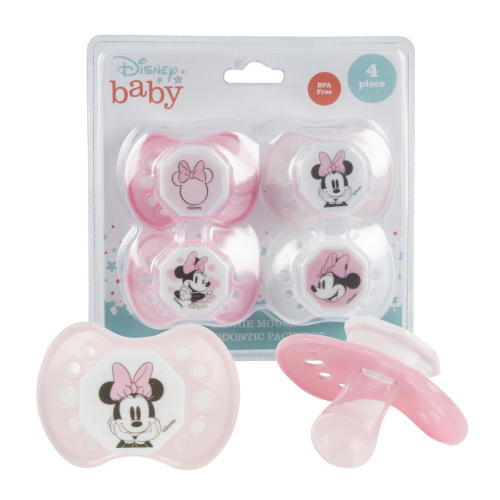 Disney Cudlie Minnie Mouse Baby Girl 4 Pack of Pacifiers with Old Time Minnie Print Pink