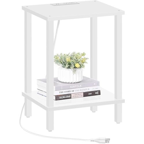 End Table with Charging Station, Small Side Table with Outlets, Nightstand Bedside Table, 2-Tier Storage Shelf, Couch Side Table for Small Space, Living Room, Bedroom, White TB01BW040