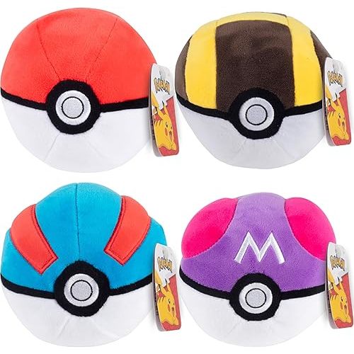 Pokemon 5" Poké Ball Plush 4-Pack - Pokeball, Great, Ultra, Master - Officially Licensed - Soft Stuffed Toy Balls with Weighted Bottom - Halloween Accessory - Gift for Kids, Girls, Boys, Fans