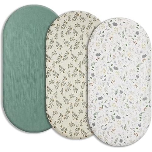 Soft Muslin Bassinet Sheets 32" x 18", Baby Bassinet Mattress Fitted Cover, Fit for Halo, Fisher Price, Delta, Graco, Oval Bassinet or Cradle, for Girl or Boy (Roman & Forest & Leaves)