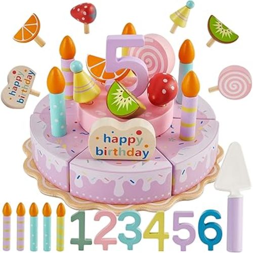 HERSITY Wooden Birthday Cake Toy Play Food Sets, Pretend Baking Kitchen Playset for Toddlers, Afternoon Tea Party Cake Toys Gifts for 3 4 5 Years Old Kids Girls Boys