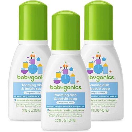 Babyganics Foaming Dish & Bottle Soap for Travel, Fragrance Free, Plant-Derived Cleaning Power, Removes Dried Milk, Packaging May Vary, 3.38 Fl Oz (Pack of 3)