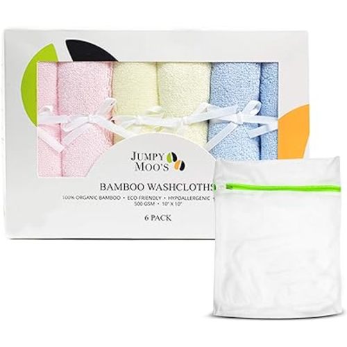 Jumpy Moo's Baby Washcloths - 100% Rayon from Bamboo, Ultra Thick 10x10 inches, Gentle on Delicate Skin, Perfect for Girls and Boys, Includes Giftbox & Laundry Bag