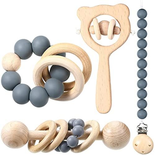 4 Pieces Wooden Teether Toys Set Wooden Rattle Toys Beads Pacifier Holder Baby Teething Toys Montessori Intelligence Toys for Newborn Baby Toddler (Dark Gray)